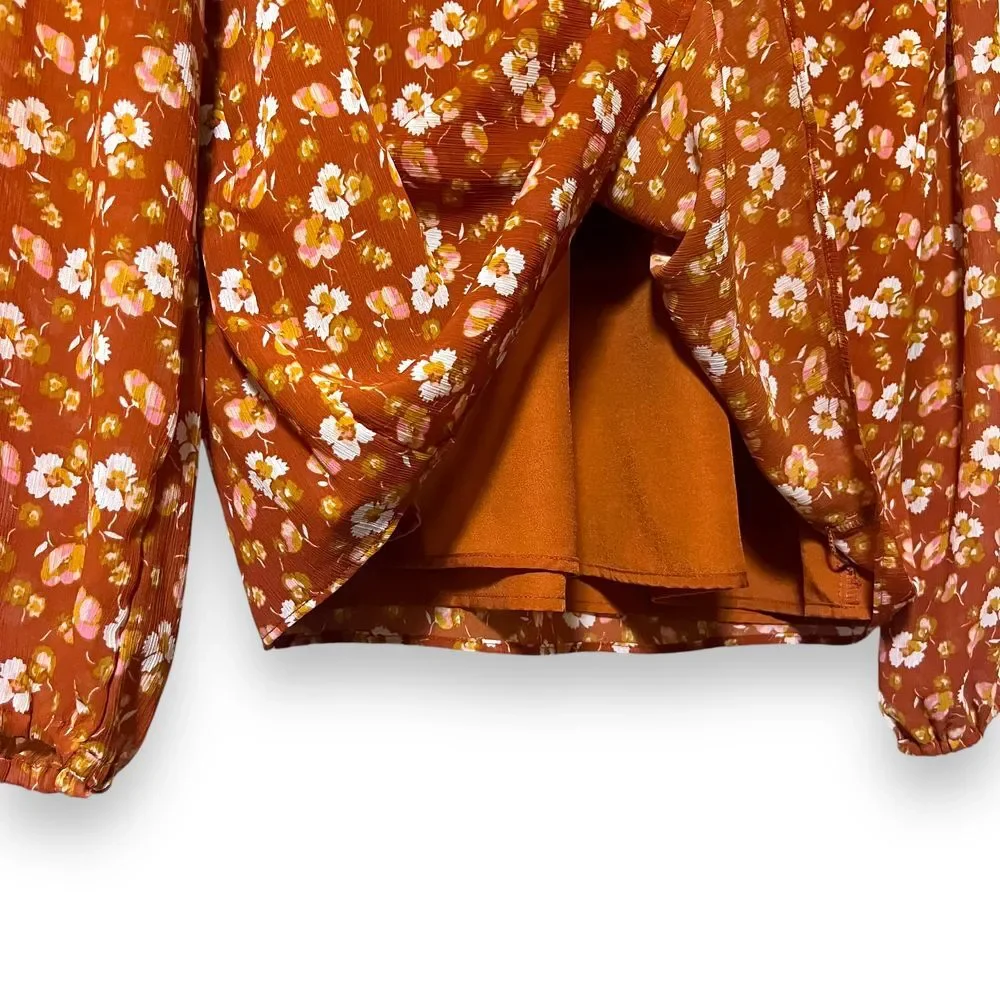 J Crew Shirt Medium Smocked Puff Sleeve Ruffle‎ Burnt Orange Floral Blouse